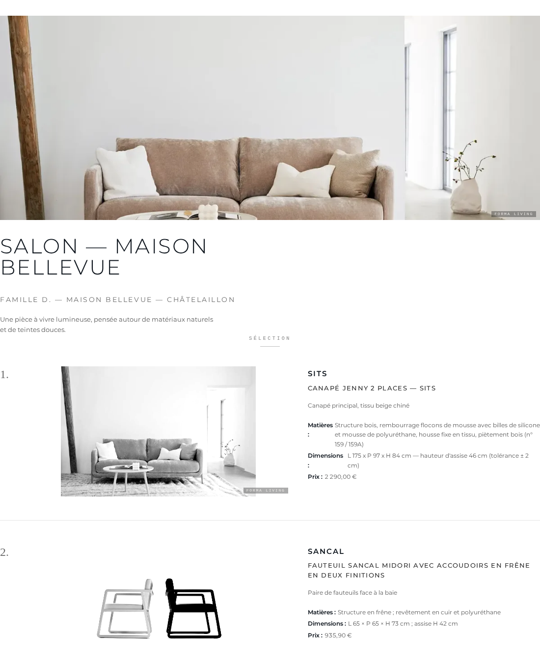 Exemple de document de présentation FormaLiving Studio : couverture du projet et planches produits avec matériaux, dimensions et prix