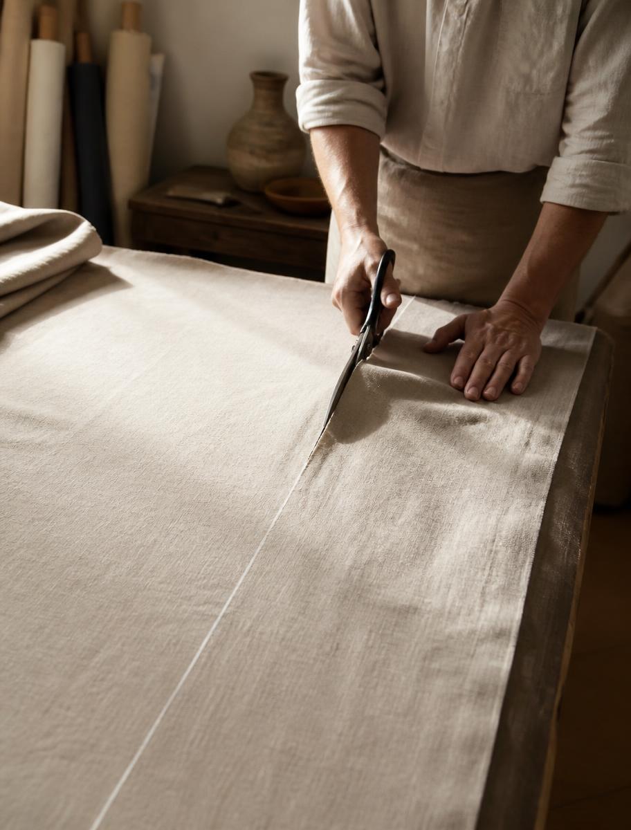Tissu en cours de coupe dans l’atelier Decoracy